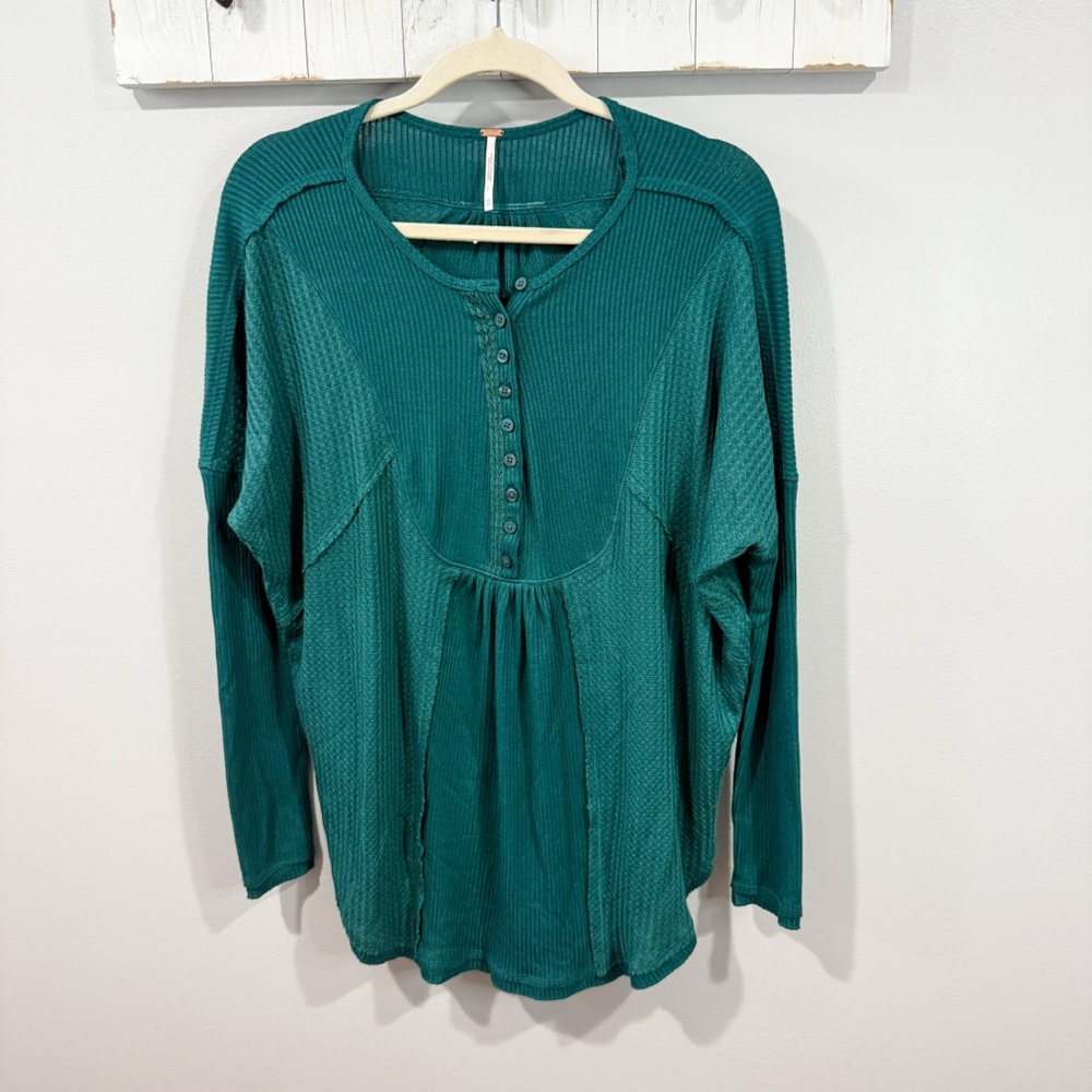 Free People Leo Henley Teal Green Waffle Knit Thermal Top Size XS